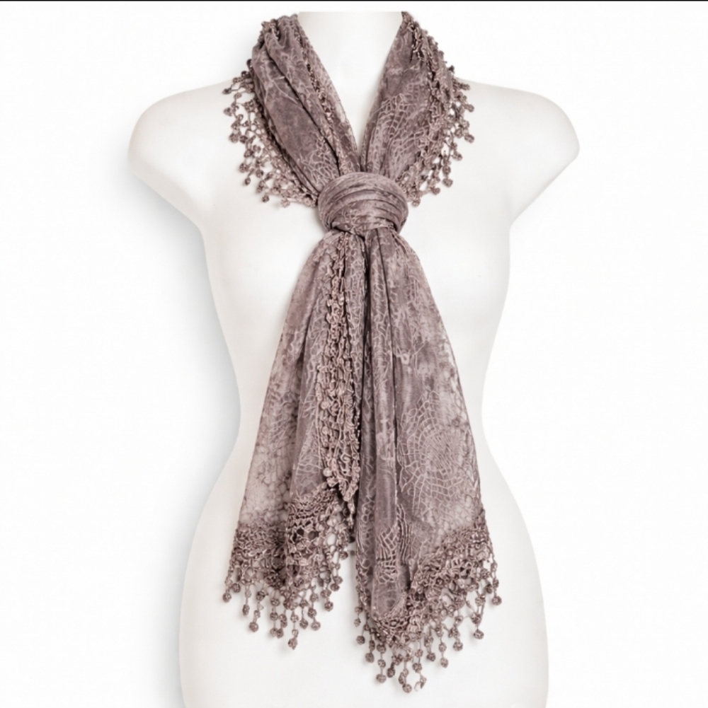 Vintage Embroidered Mesh Scarf Gray Crochet Lace Fringe Boho Romantic
